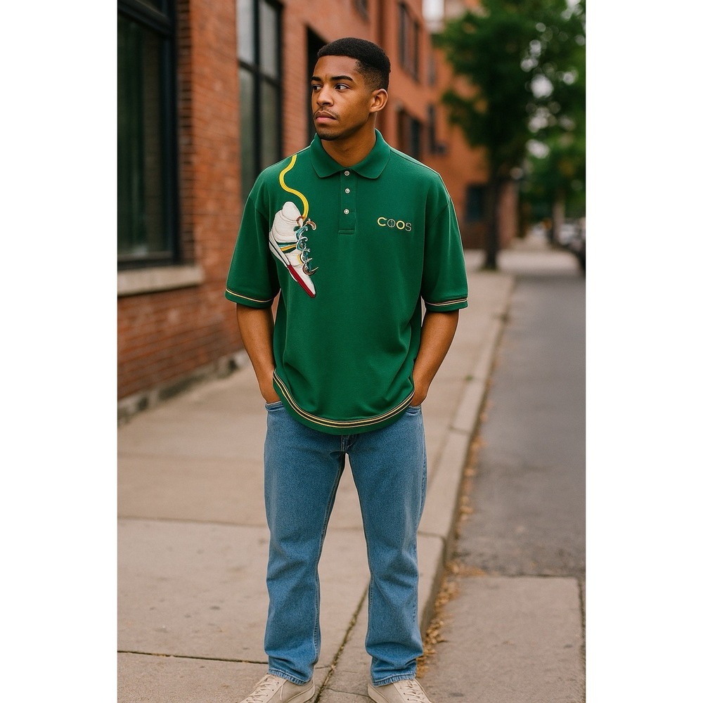 Vtg COOGI Polo Shirt  Men 2XL Green Sneaker Embroidered 90s Y2K Streetwear Trash